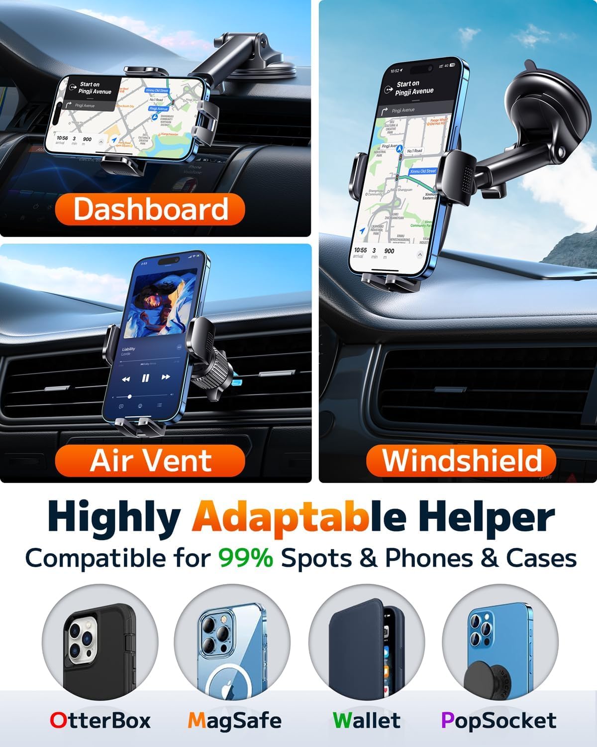 Car Phone Mount — Windshield, Dashboard and Vent, Universal