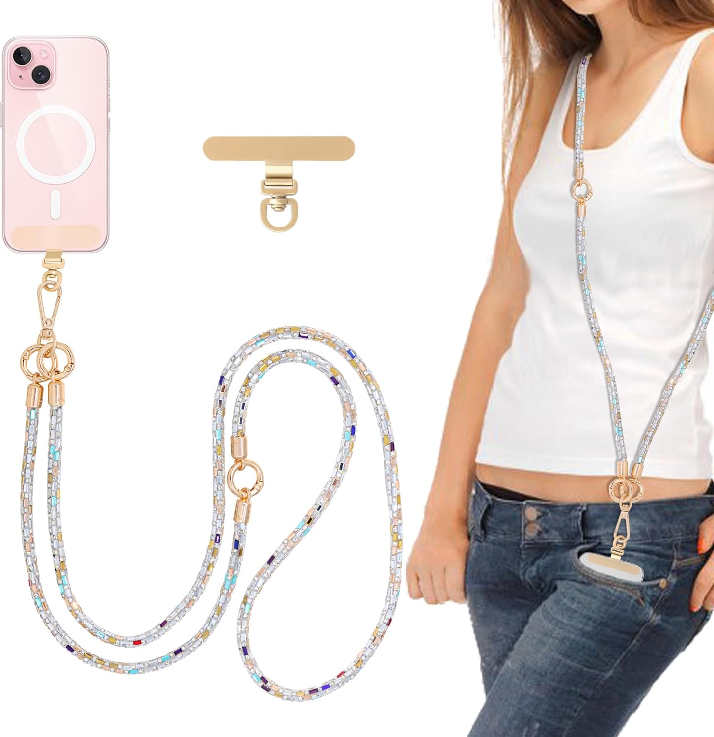 Crossbody Phone Strap — Rhinestone, Layered, Gold Metal