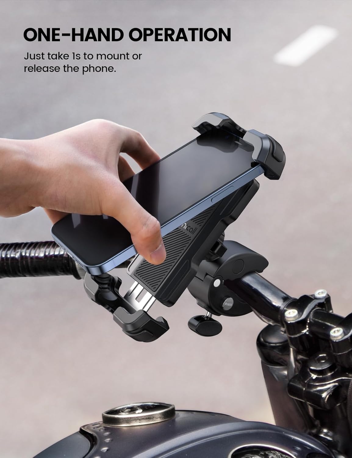 Motorcycle and Bike Phone Mount — Metal Lock, Quick Install Bar Clip