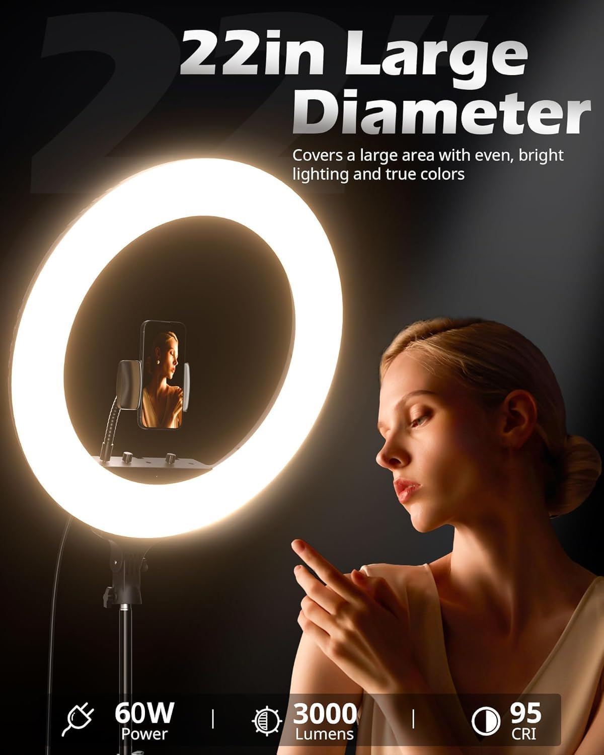 Ring Light — 22 in, 60 W, with 72 in Stand and Phone Holder