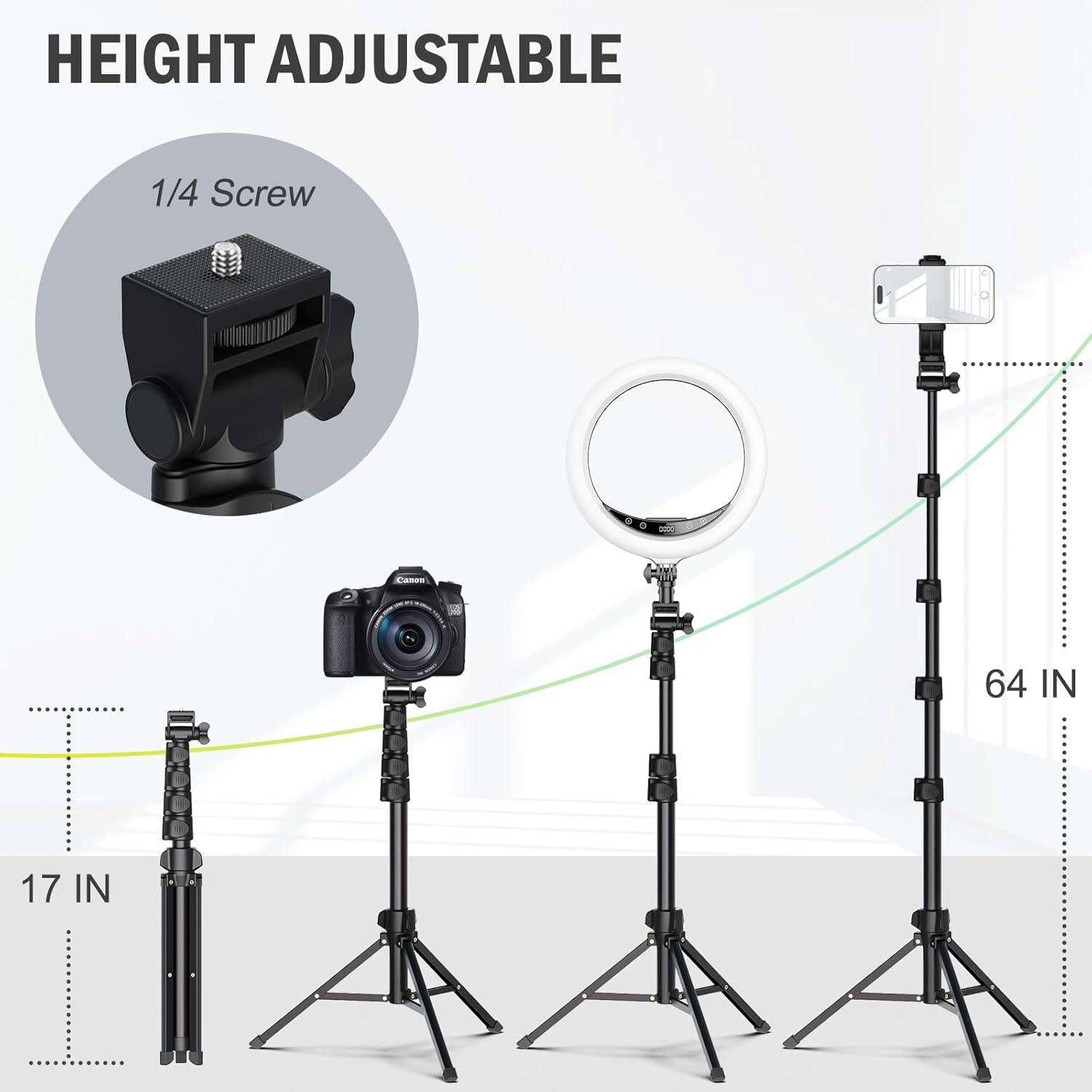 Phone and Camera Tripod — 64 in, with Remote and Phone Holder