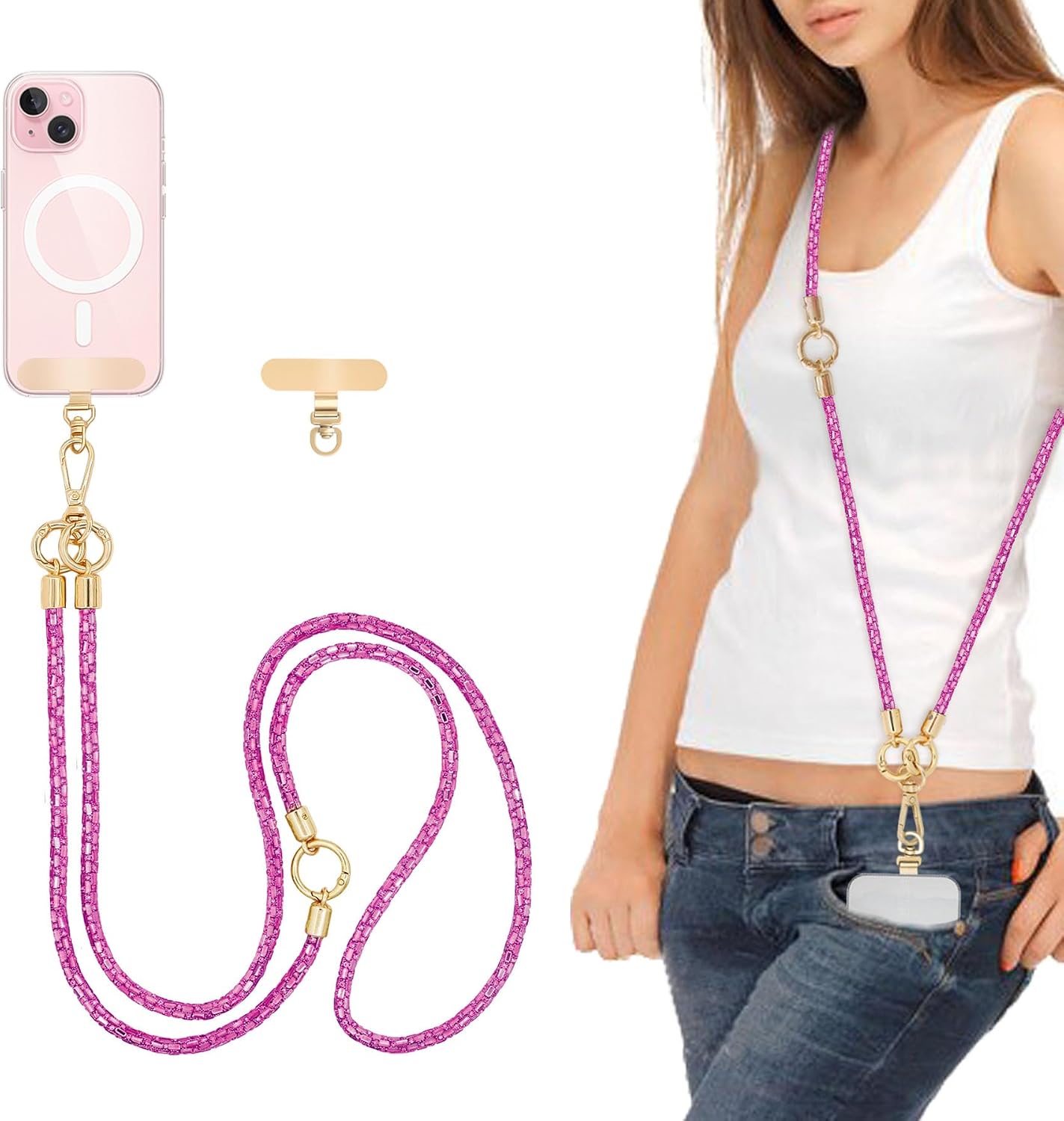 Crossbody Phone Strap — Rhinestone, Layered, Gold Metal