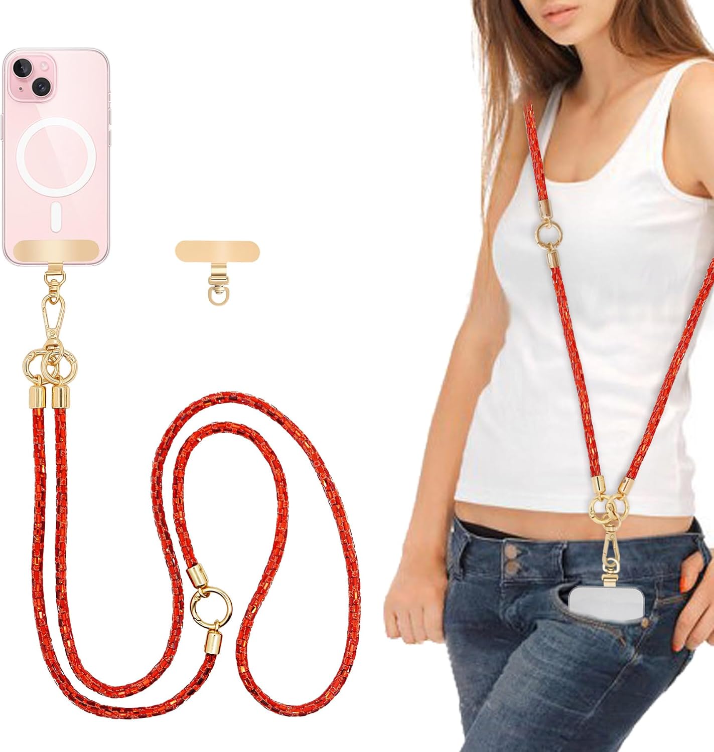 Crossbody Phone Strap — Rhinestone, Layered, Gold Metal