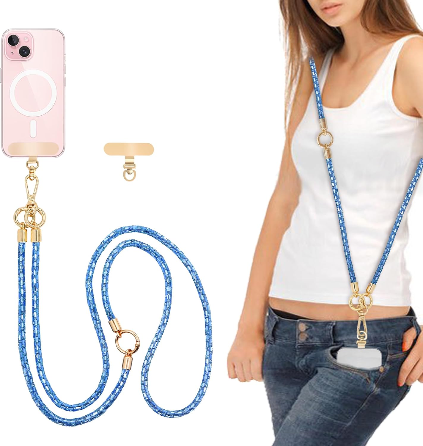 Crossbody Phone Strap — Rhinestone, Layered, Gold Metal
