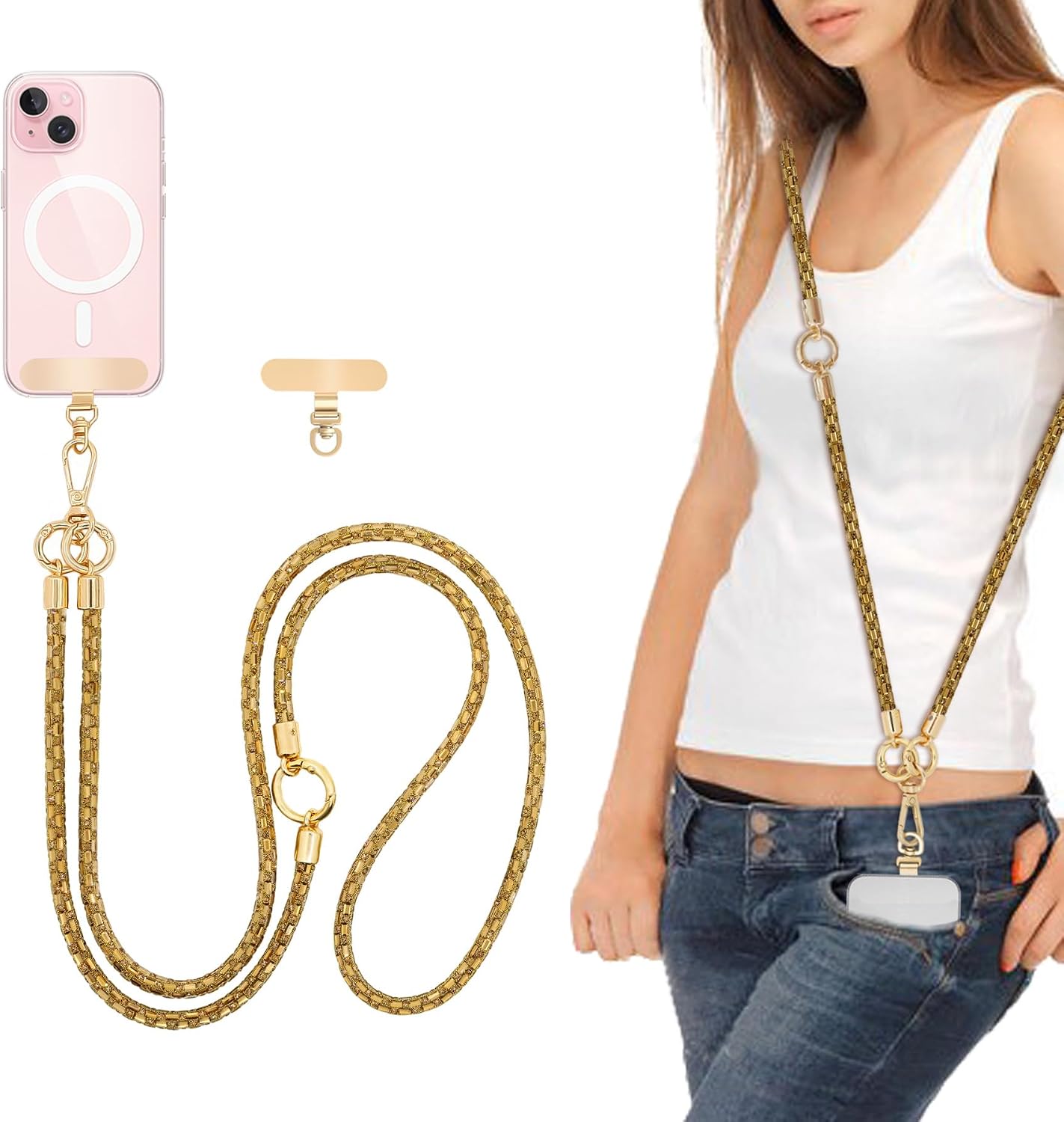 Crossbody Phone Strap — Rhinestone, Layered, Gold Metal