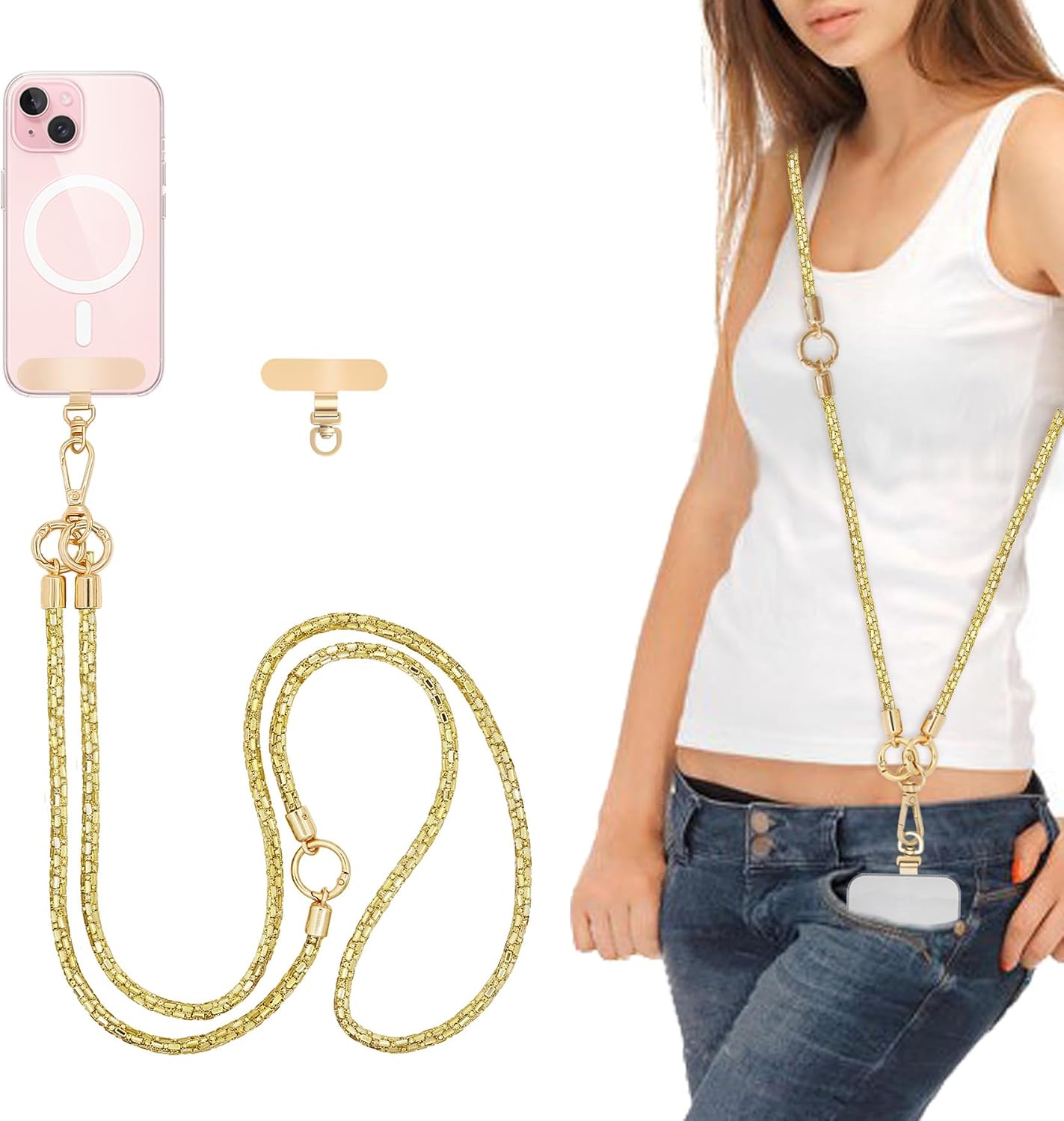 Crossbody Phone Strap — Rhinestone, Layered, Gold Metal