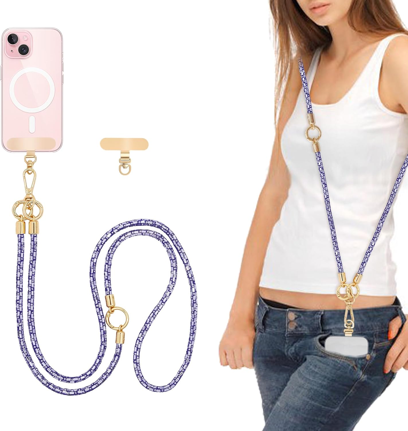 Crossbody Phone Strap — Rhinestone, Layered, Gold Metal