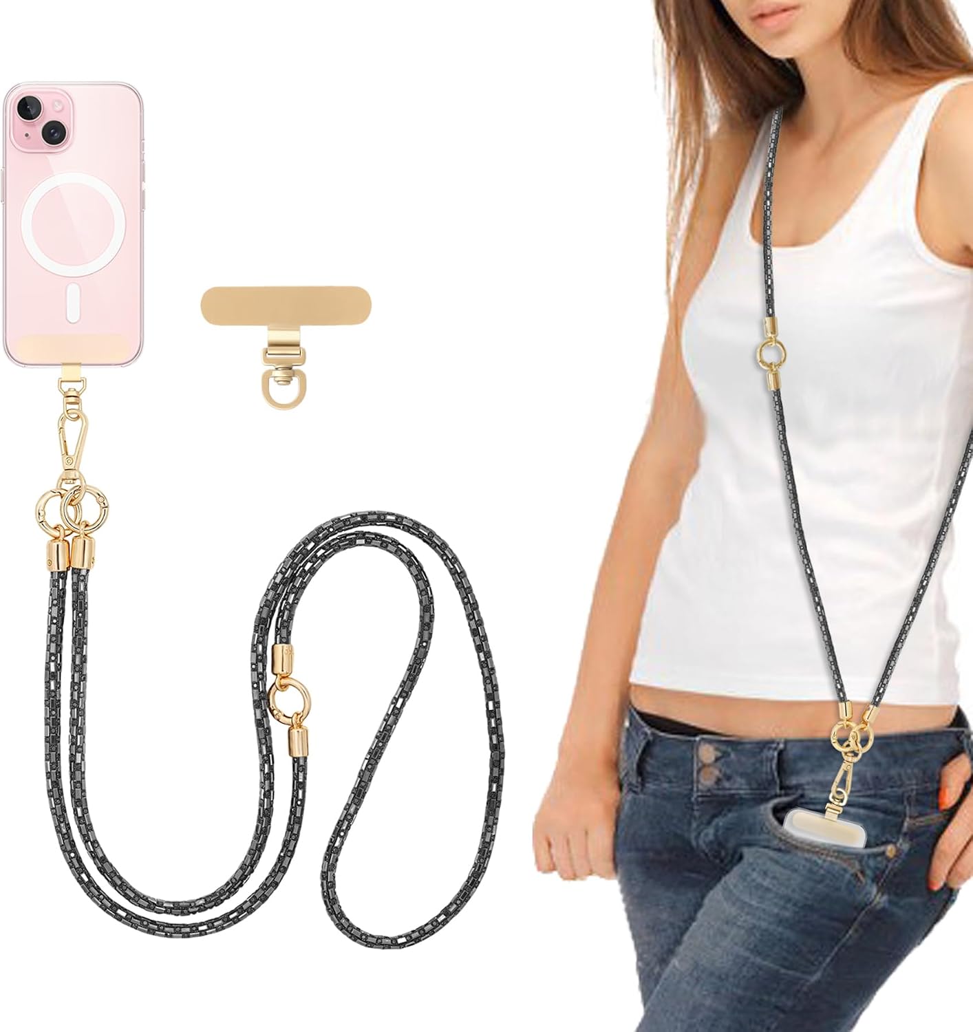Crossbody Phone Strap — Rhinestone, Layered, Gold Metal