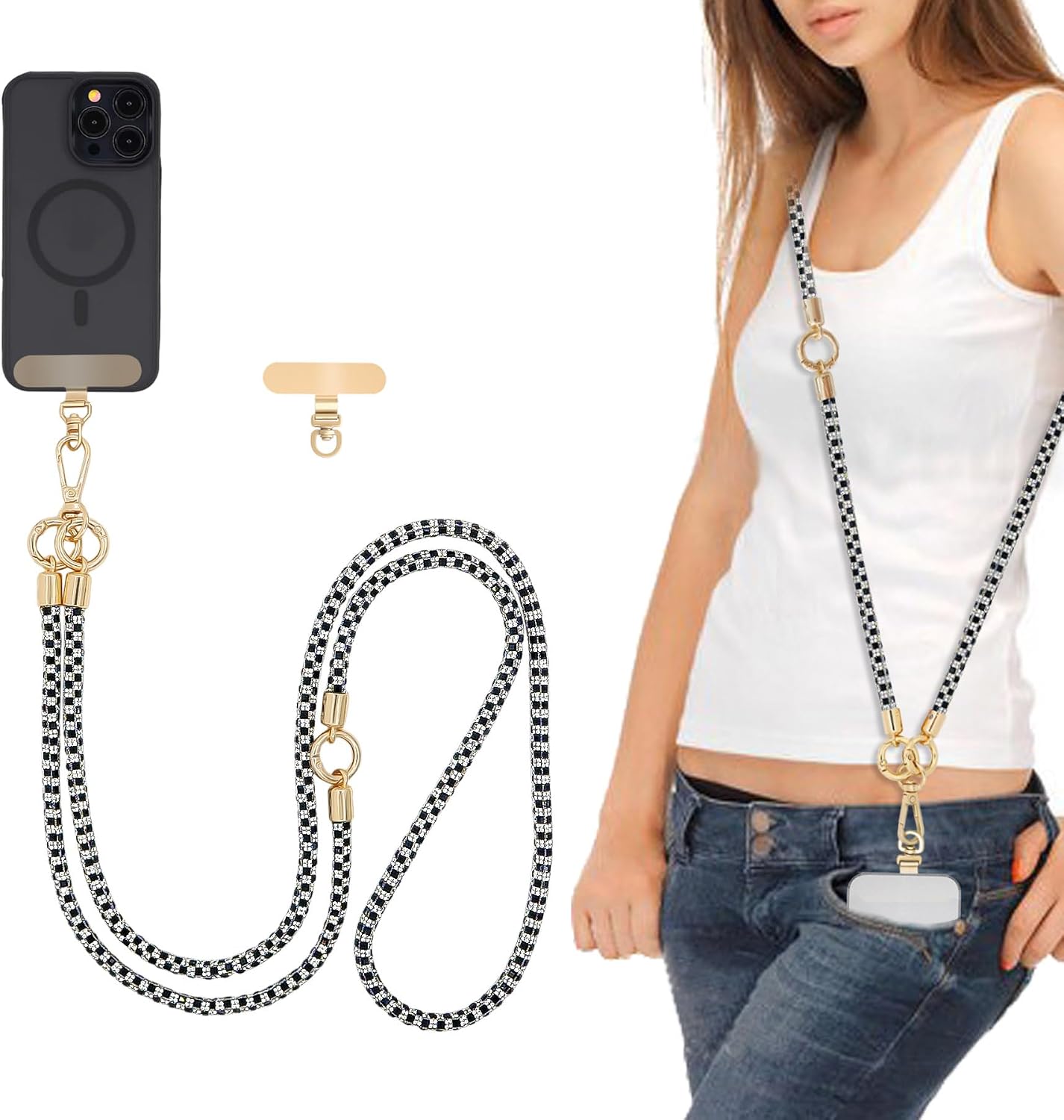 Crossbody Phone Strap — Rhinestone, Layered, Gold Metal