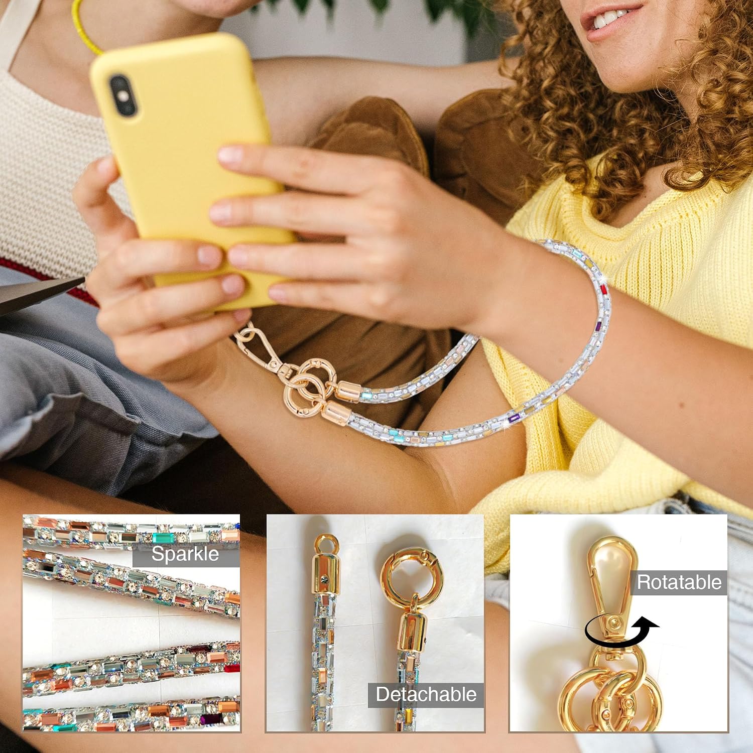 Crossbody Phone Strap — Rhinestone, Layered, Gold Metal