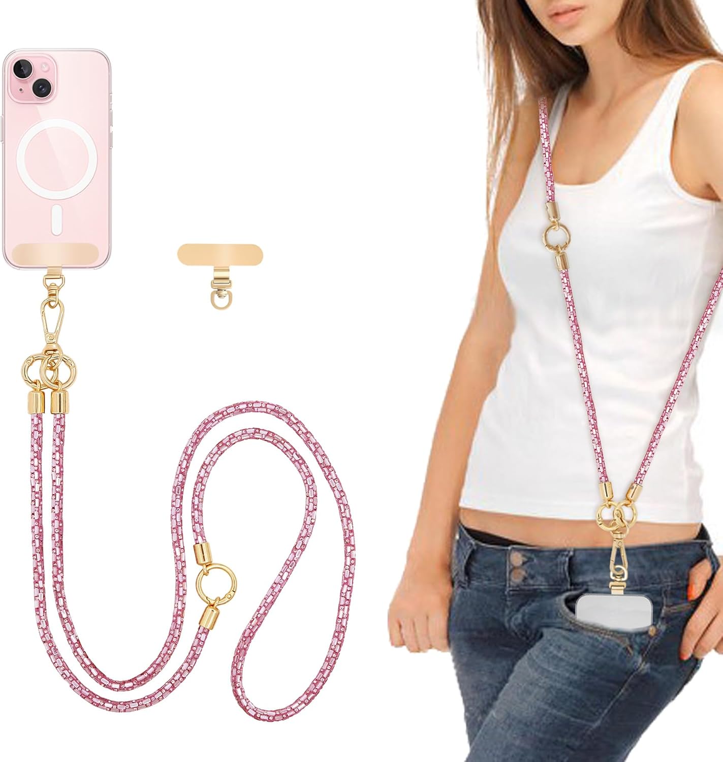 Crossbody Phone Strap — Rhinestone, Layered, Gold Metal