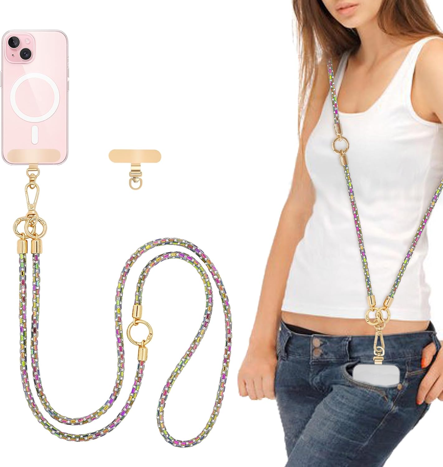 Crossbody Phone Strap — Rhinestone, Layered, Gold Metal