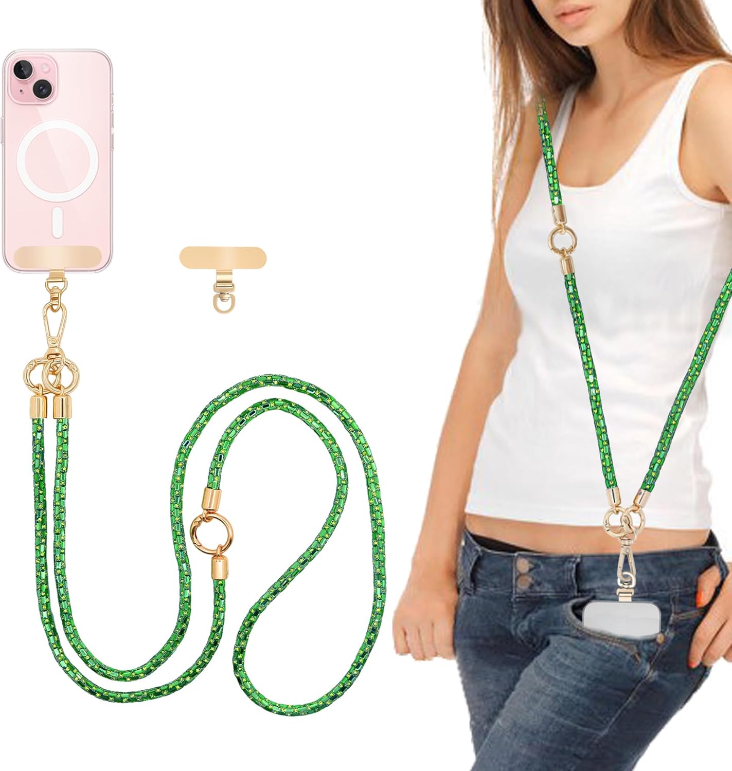 Crossbody Phone Strap — Rhinestone, Layered, Gold Metal