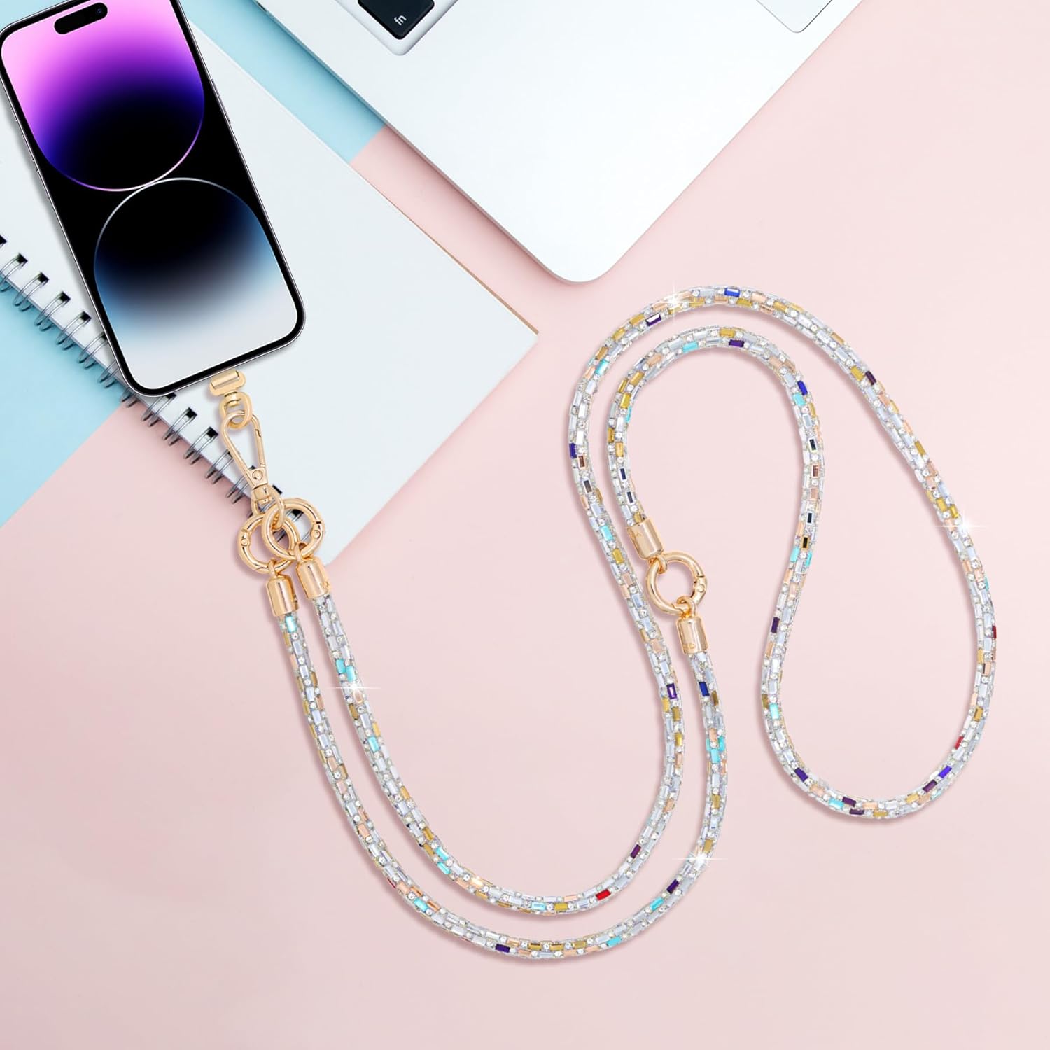 Crossbody Phone Strap — Rhinestone, Layered, Gold Metal