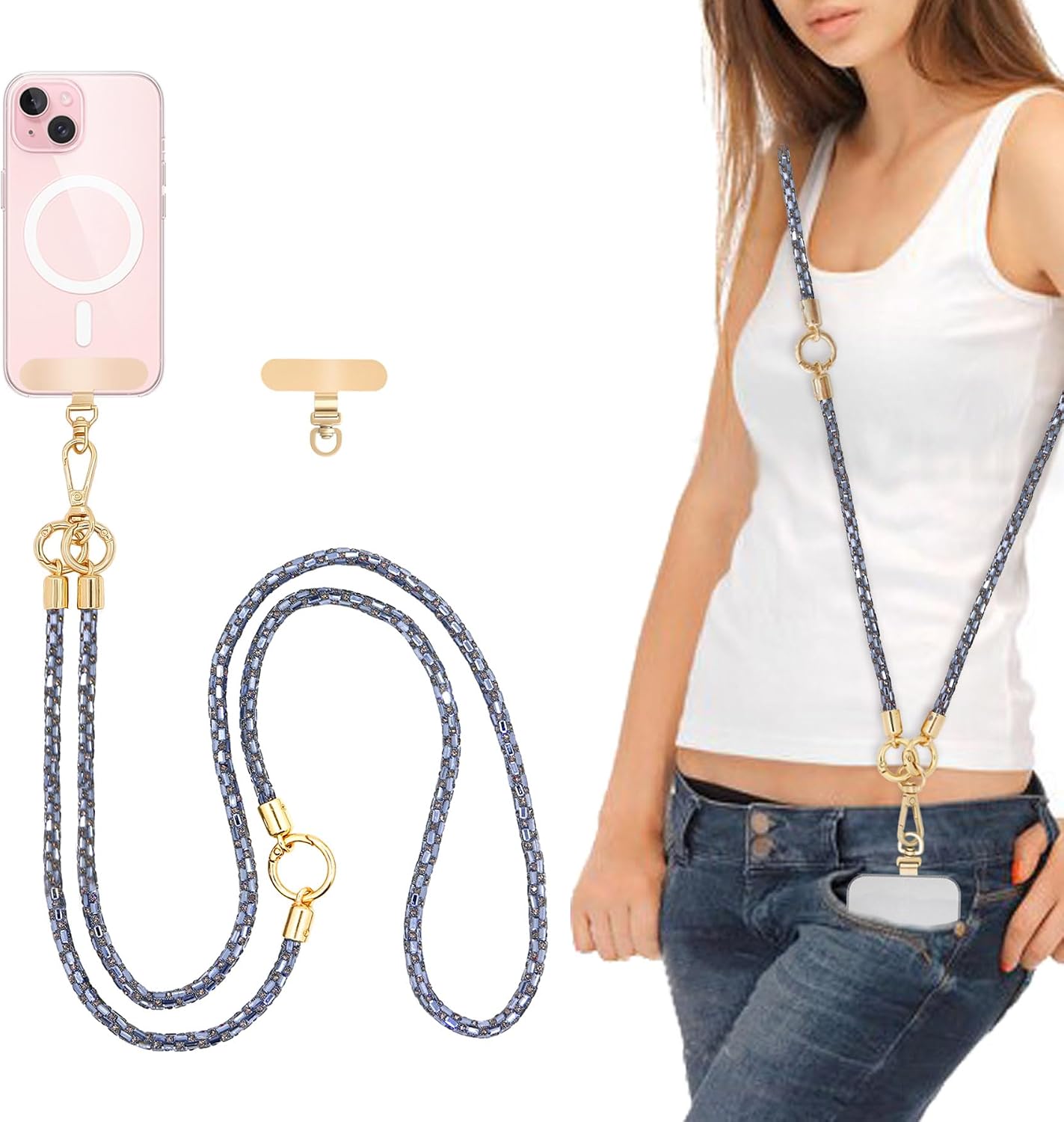 Crossbody Phone Strap — Rhinestone, Layered, Gold Metal